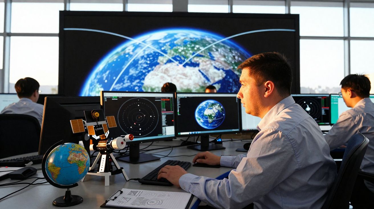 Homens sentados em escritório de controlo a analisar dados da Terra e satélites em vários ecrãs.