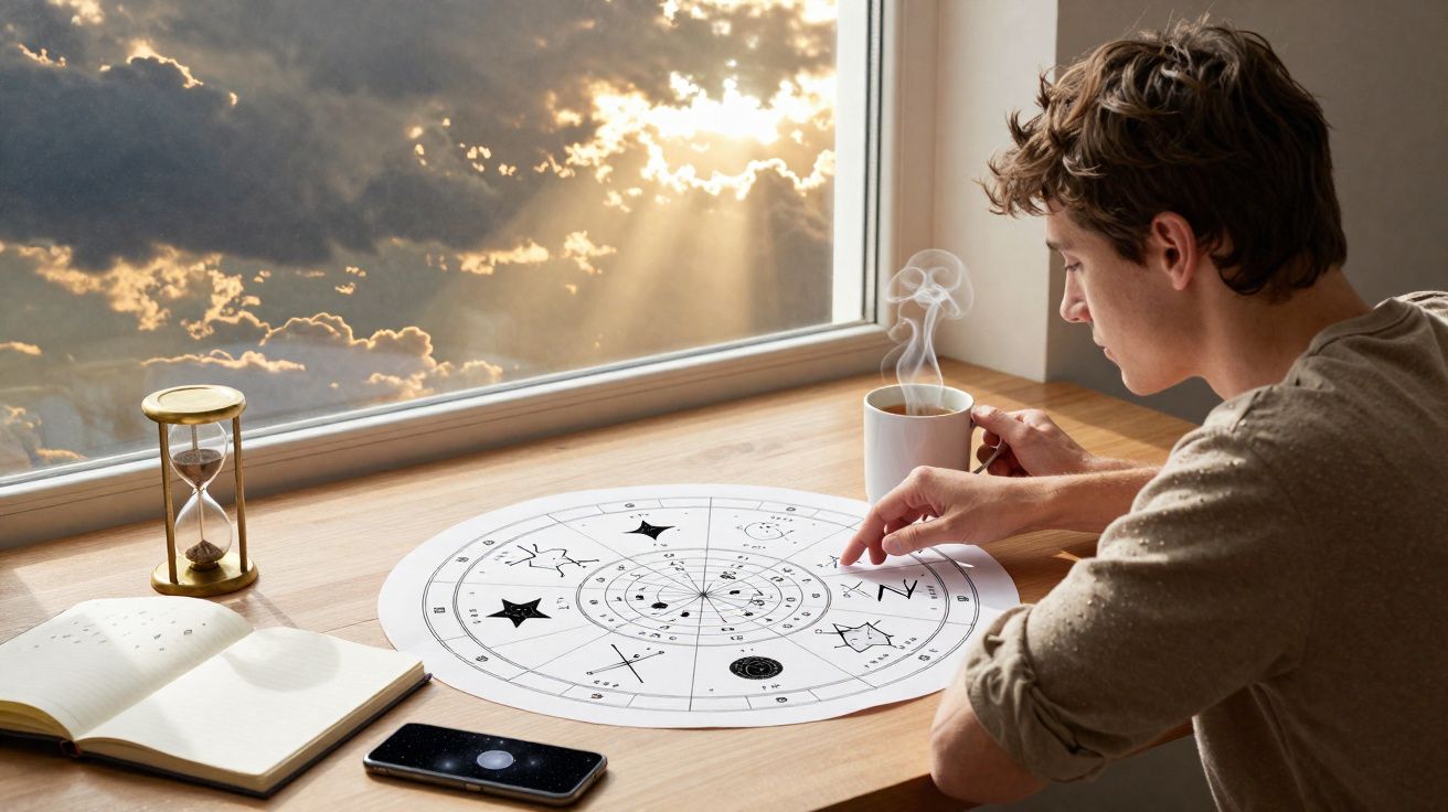 Homem sentado à mesa a consultar mapa astral com chá quente, ampulheta, caderno e telemóvel ao lado.