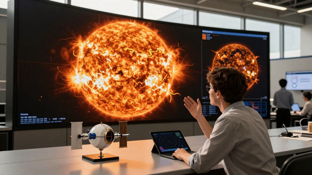 Pessoa observa grandes ecrãs com imagens detalhadas do sol numa sala de controlo científica.