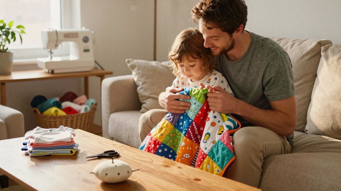 Pai e filha sentados no sofá, a brincar com uma colcha de retalhos colorida em sala de costura.