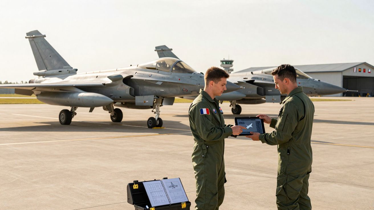 Dois pilotos militares com fatos de voo verdes analisam um tablet junto a dois aviões de caça estacionados numa pista.