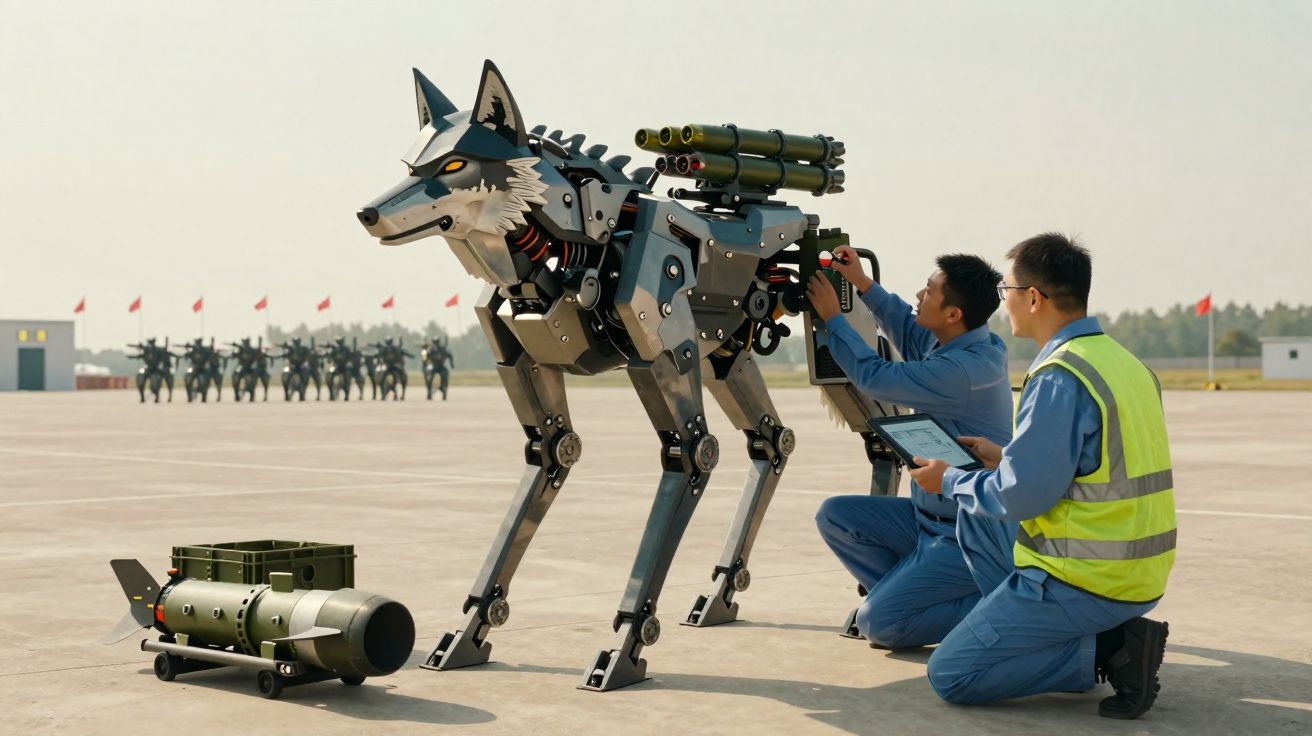 Dois técnicos ajustam um robô militar em forma de lobo com armamento, num campo de treino ao ar livre.