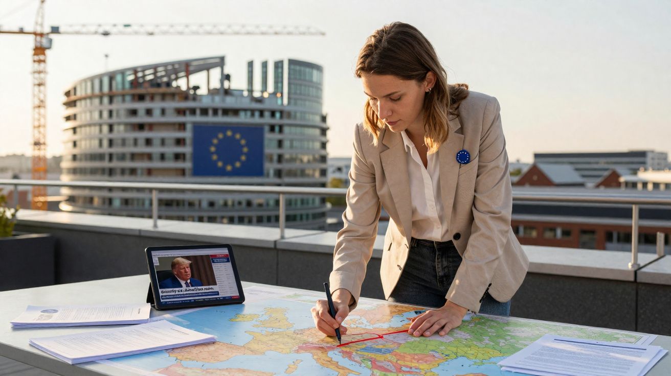 Mulher com símbolo da UE marcou rota num mapa da Europa, com edifício da UE ao fundo e tablet com notícias.