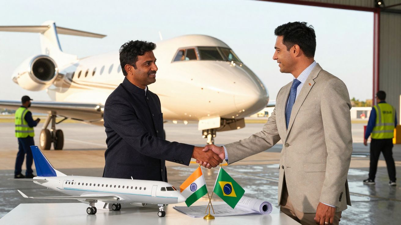 Dois homens apertam as mãos junto a bandeiras da Índia e Brasil, com aviões num hangar ao fundo.