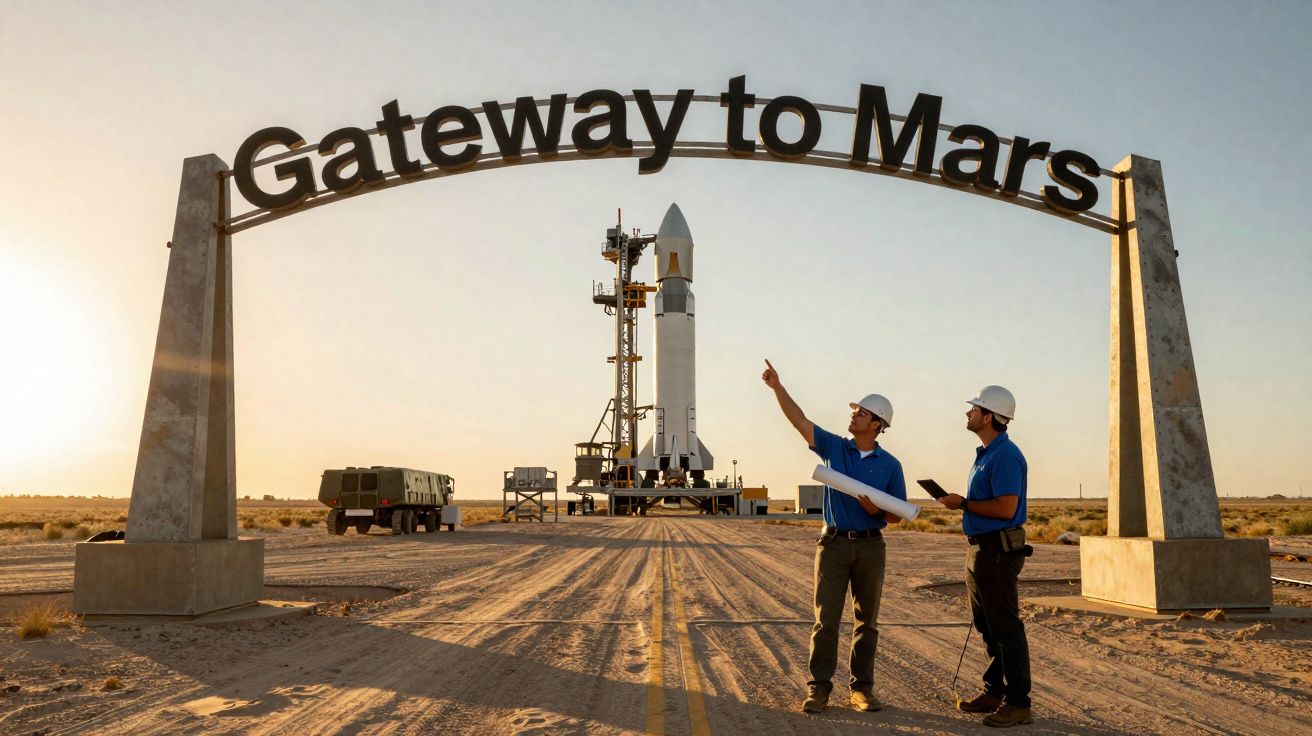 Dois engenheiros com capacetes sob o arco "Gateway to Mars", com foguetão pronto para lançamento ao fundo.