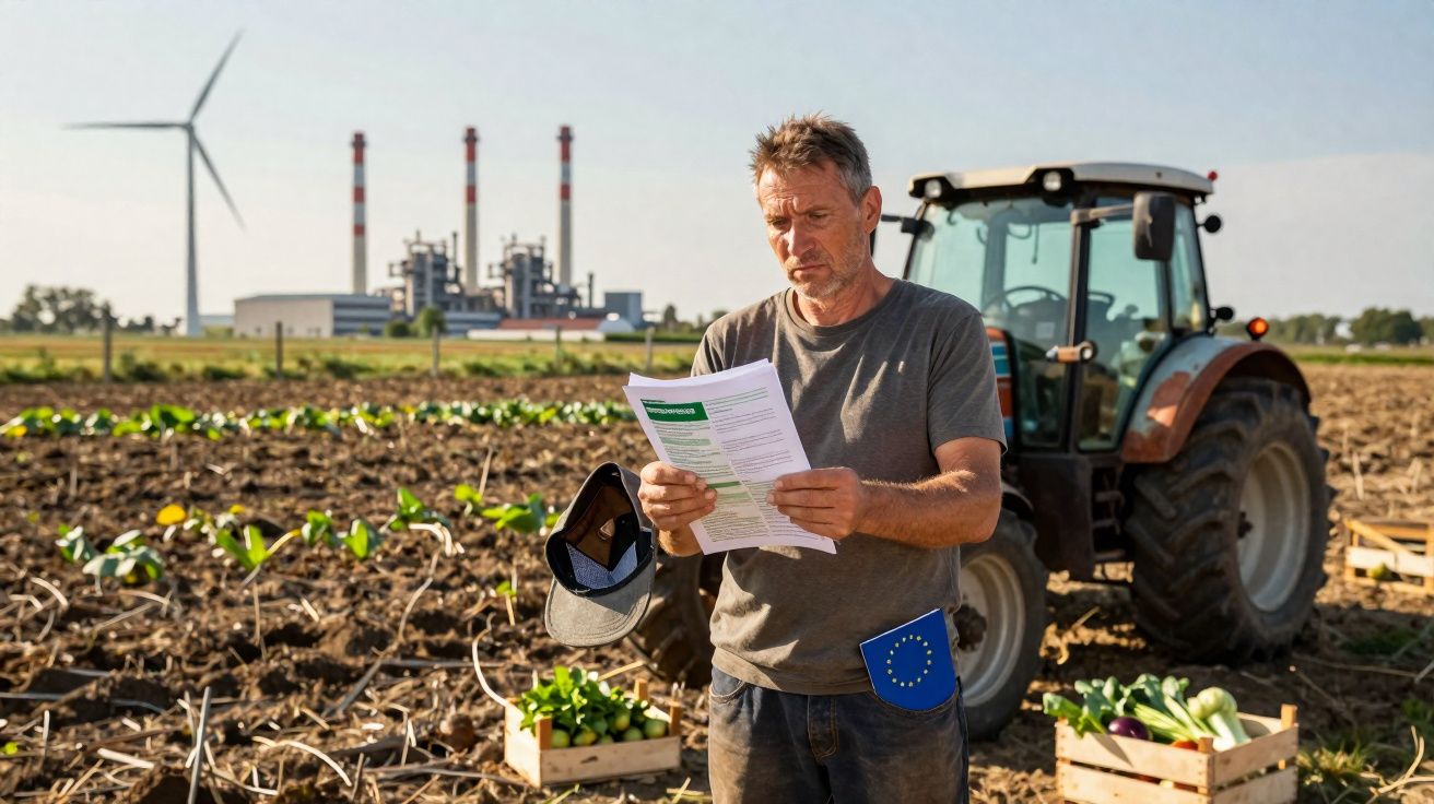 Agricultor lê documentos numa quinta com trator, vegetais e turbinas eólicas ao fundo.