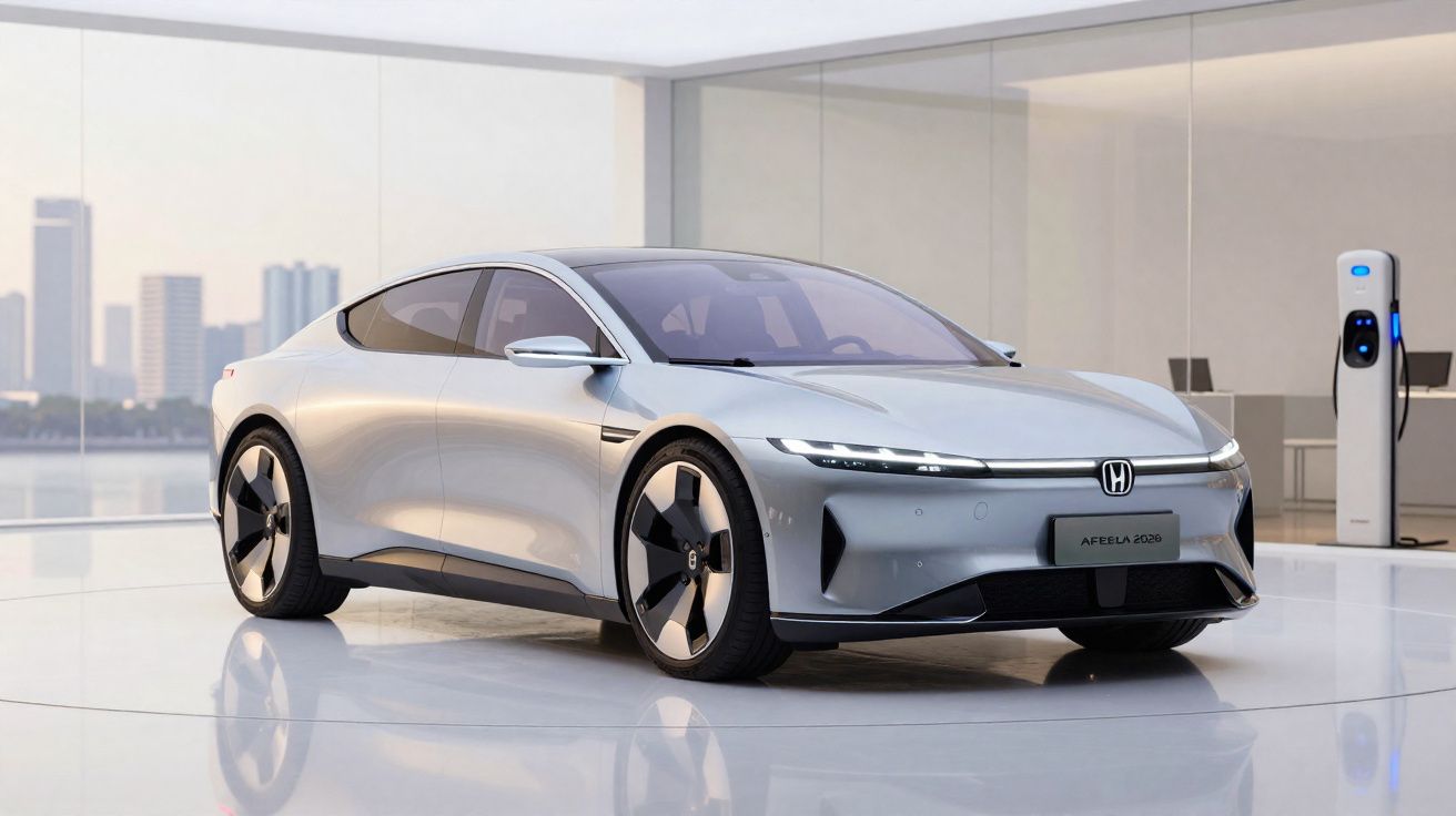 Carro elétrico Honda Areela 2026 branco num showroom moderno com estação de carregamento.