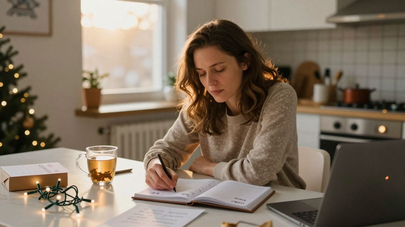 Mulher sentada numa cozinha a escrever num caderno, com chá e portátil na mesa, luz suave ao final da tarde.