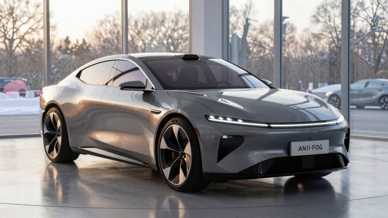 Carro elétrico cinza elegante estacionado num showroom com janelas amplas e árvores ao fundo.