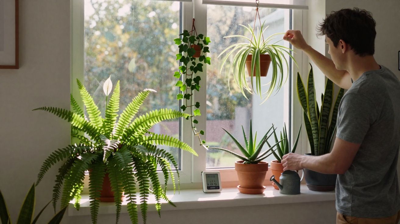 Pessoa a cuidar de plantas em vaso numa janela iluminada por luz natural.