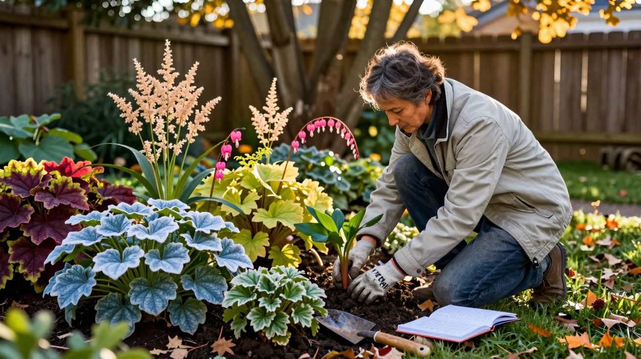 Pessoa a cuidar de plantas num jardim com várias flores coloridas, usando luvas e roupas casuais.