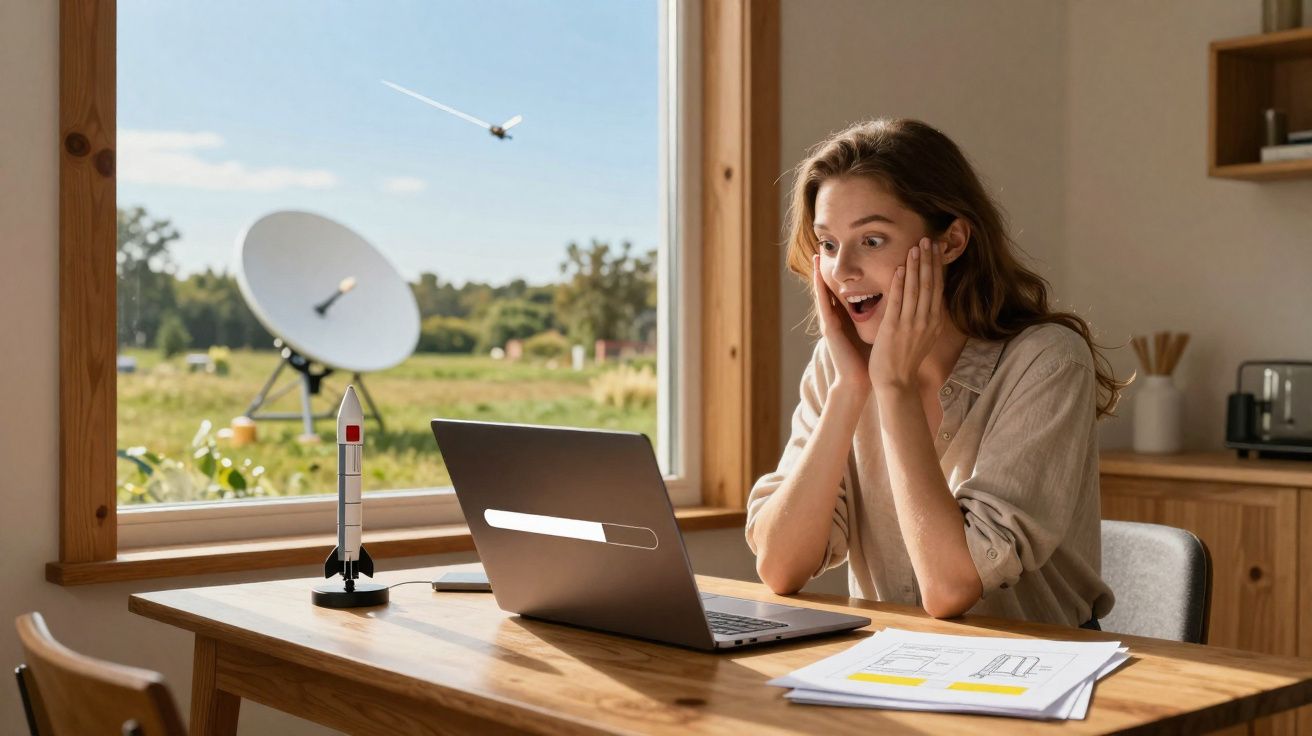 Mulher surpreendida ao ver lançamento de foguetão em direto no portátil, com parabólica e céu no fundo.