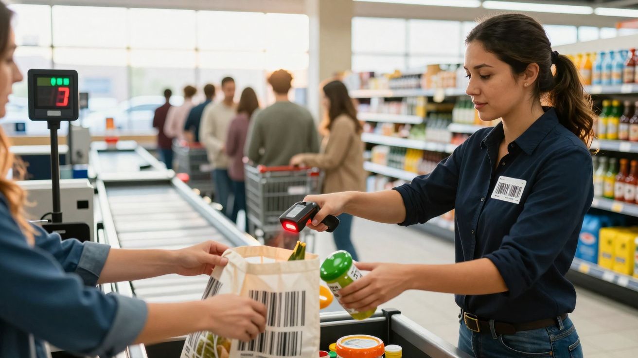 Funcionária a escanear produtos na caixa de supermercado enquanto clientes esperam na fila.
