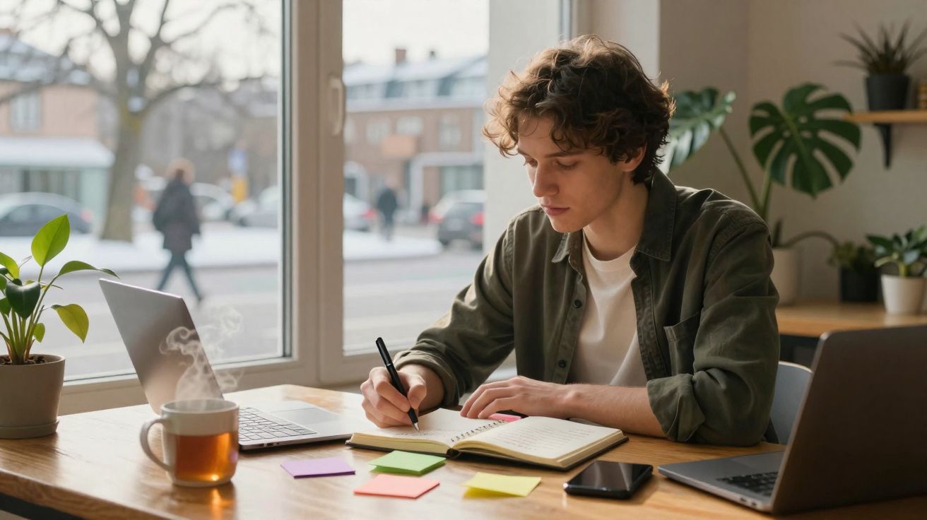 Jovem a escrever num caderno numa mesa com laptops, plantas, telemóvel e chá quente junto à janela.