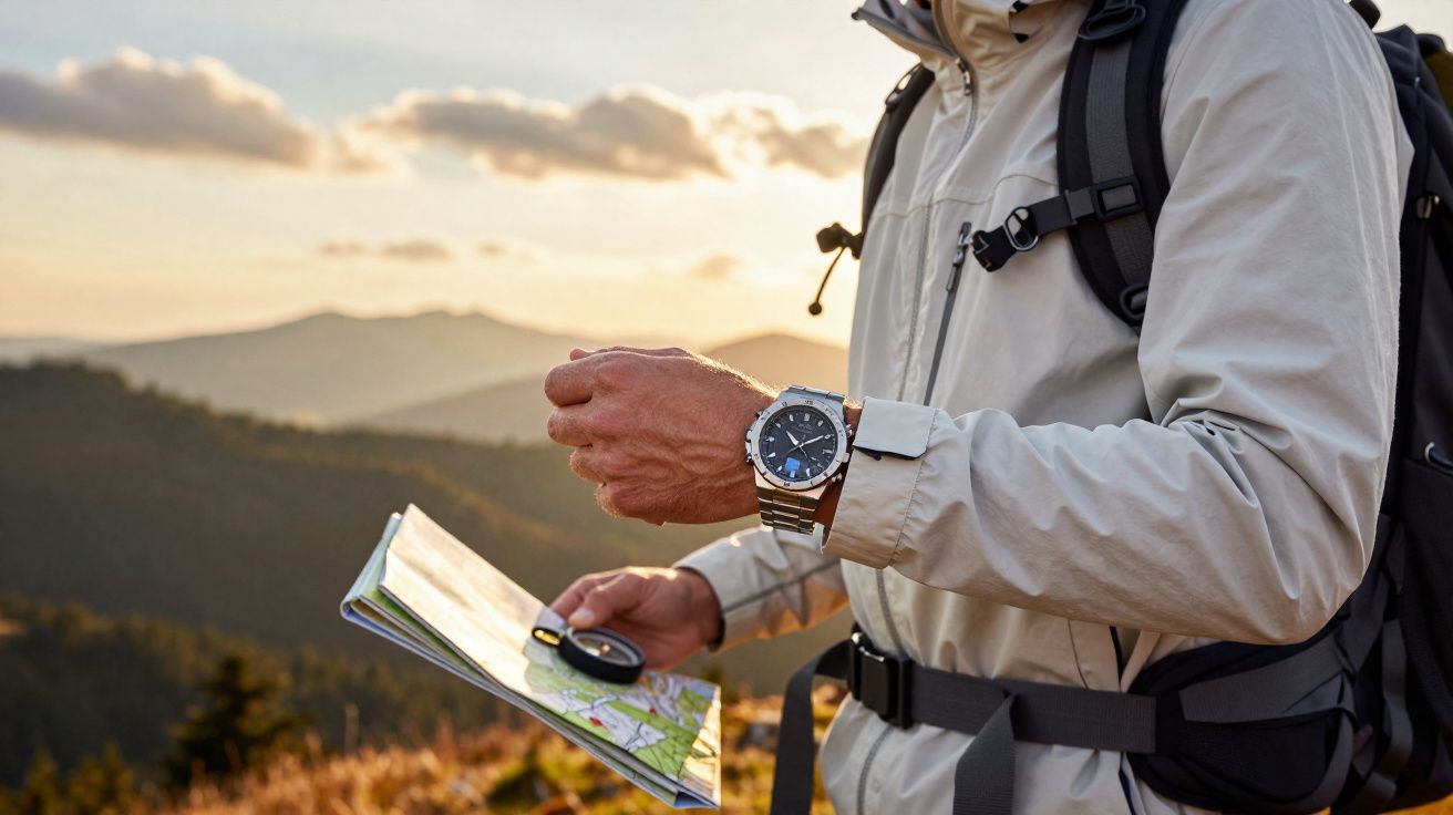 Pessoa de jaqueta bege com mochila a consultar mapa e bússola em paisagem montanhosa ao pôr do sol.