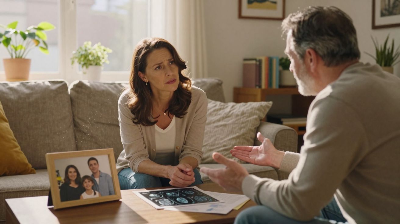 Mulher e homem sentados a conversar com imagens de exames médicos numa mesa, ambiente de sala de estar acolhedora.