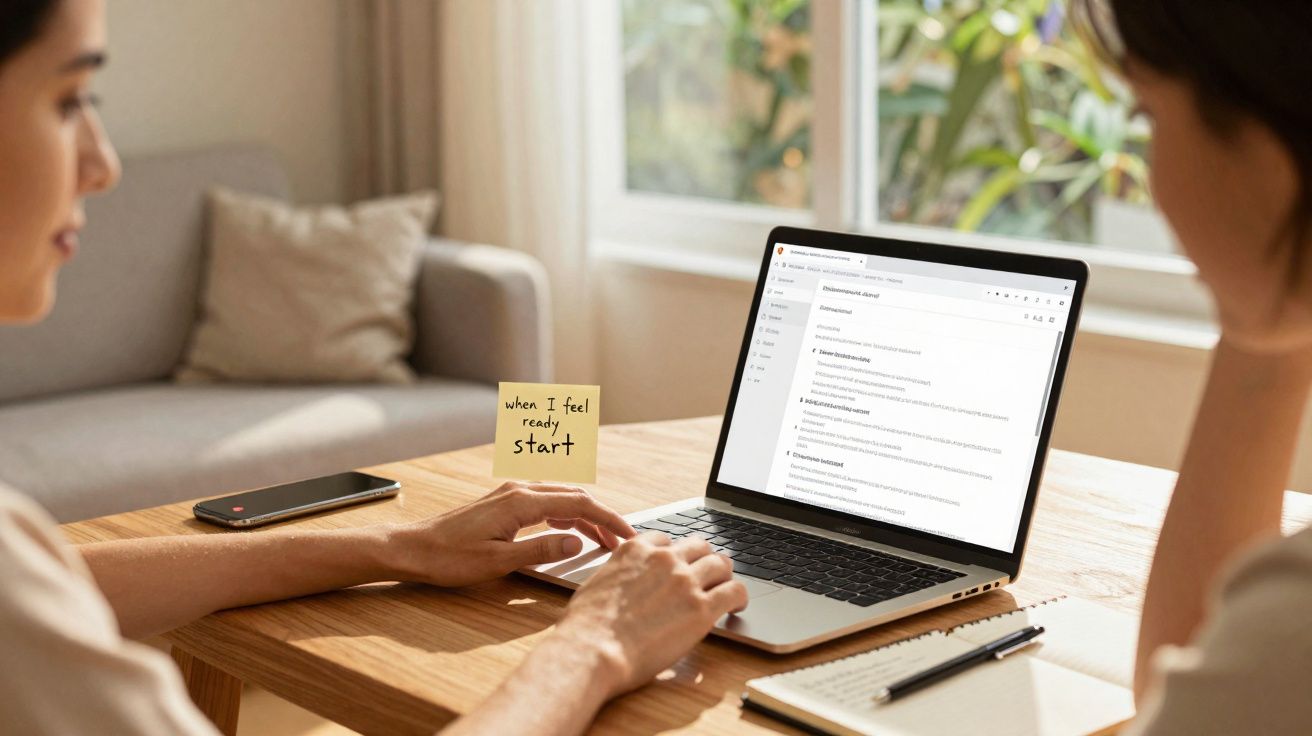 Duas pessoas a trabalhar num portátil numa mesa de madeira junto a uma janela iluminada.