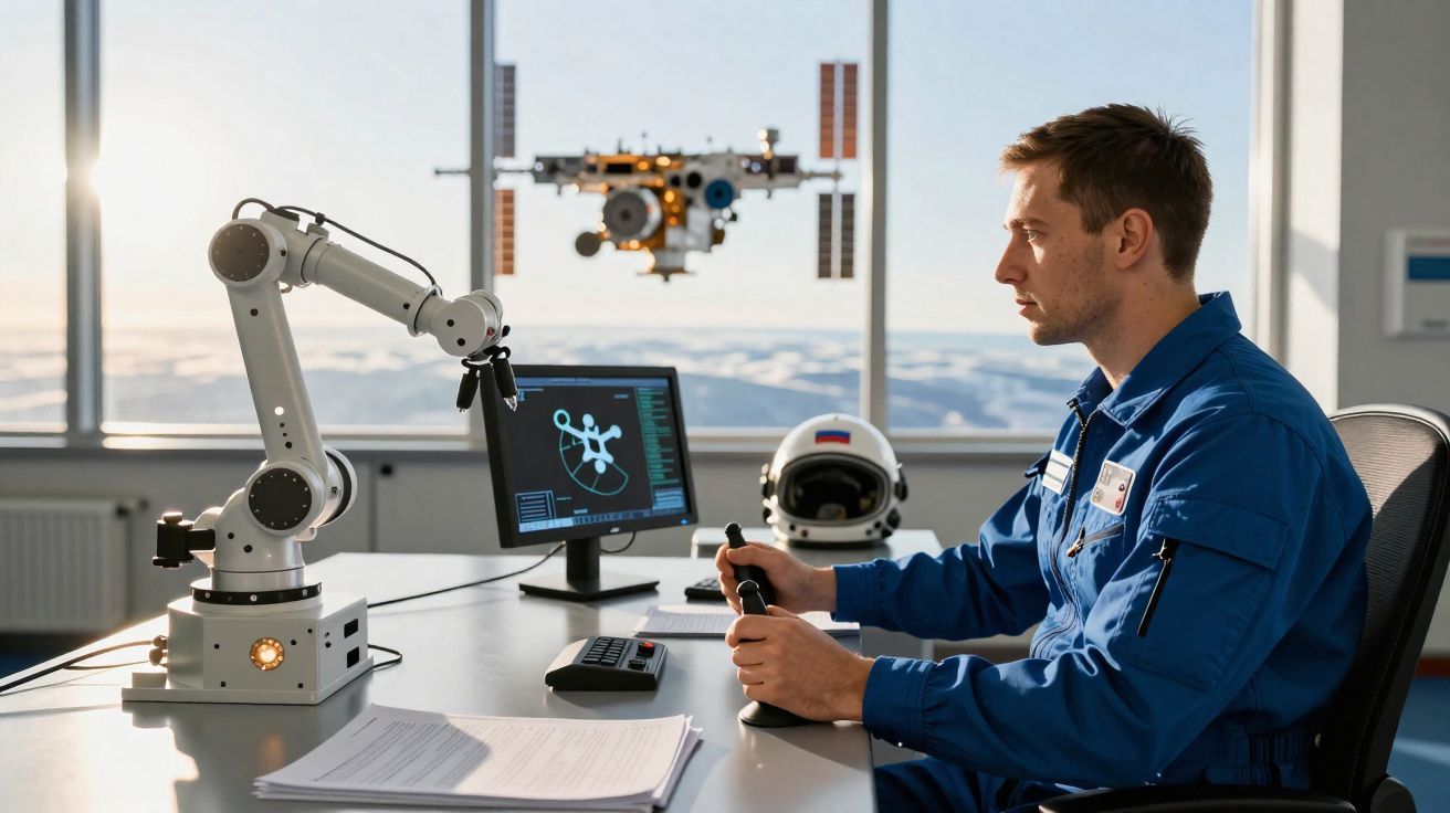 Astronauta de fato azul opera robô em laboratório com vista para a Estação Espacial Internacional.