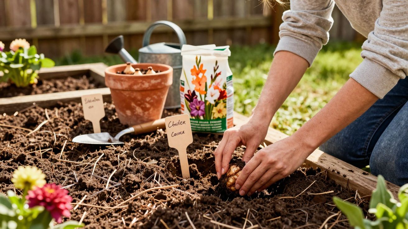 Pessoa a plantar um bulbo num canteiro de terra com vasos e regador ao fundo.
