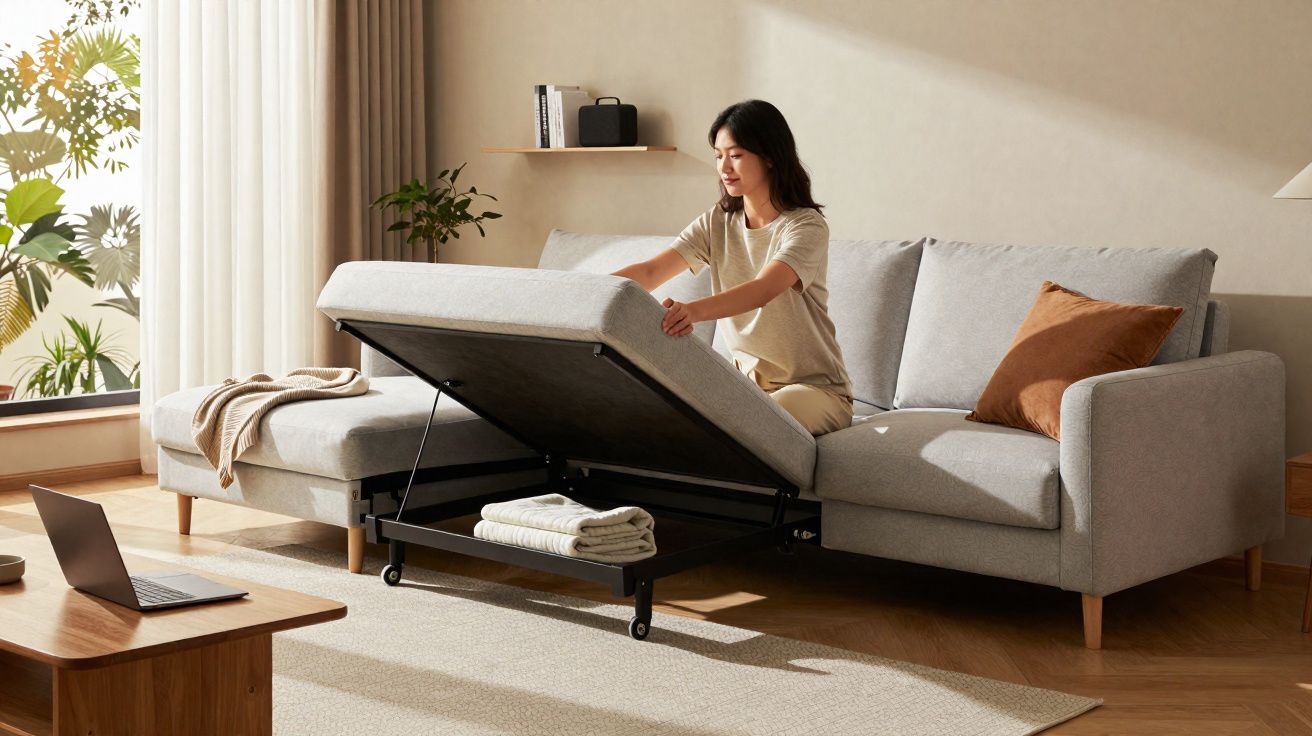 Mulher abre espaço de arrumação sob sofá cinza claro numa sala com decoração minimalista.