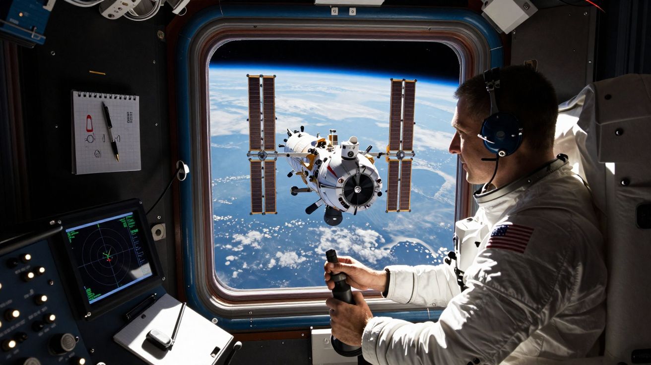 Astronauta dentro de estação espacial a observar e controlar nave espacial em órbita da Terra.