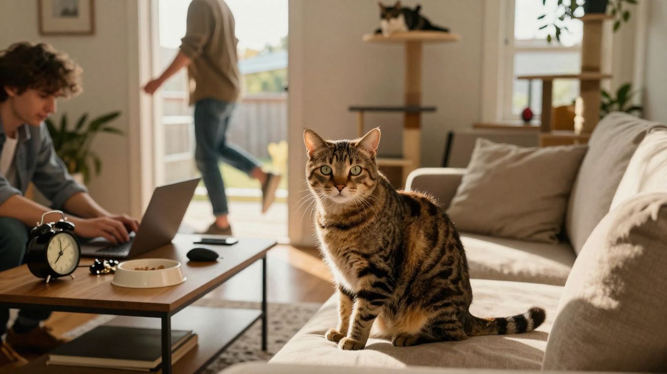 Gato malhado sentado no sofá de uma sala com pessoas ao fundo e luz natural entrando pela janela.