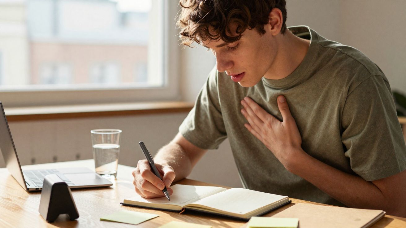 Jovem sentado a escrever num caderno, com uma mão no peito, junto a computador portátil e copo de água.