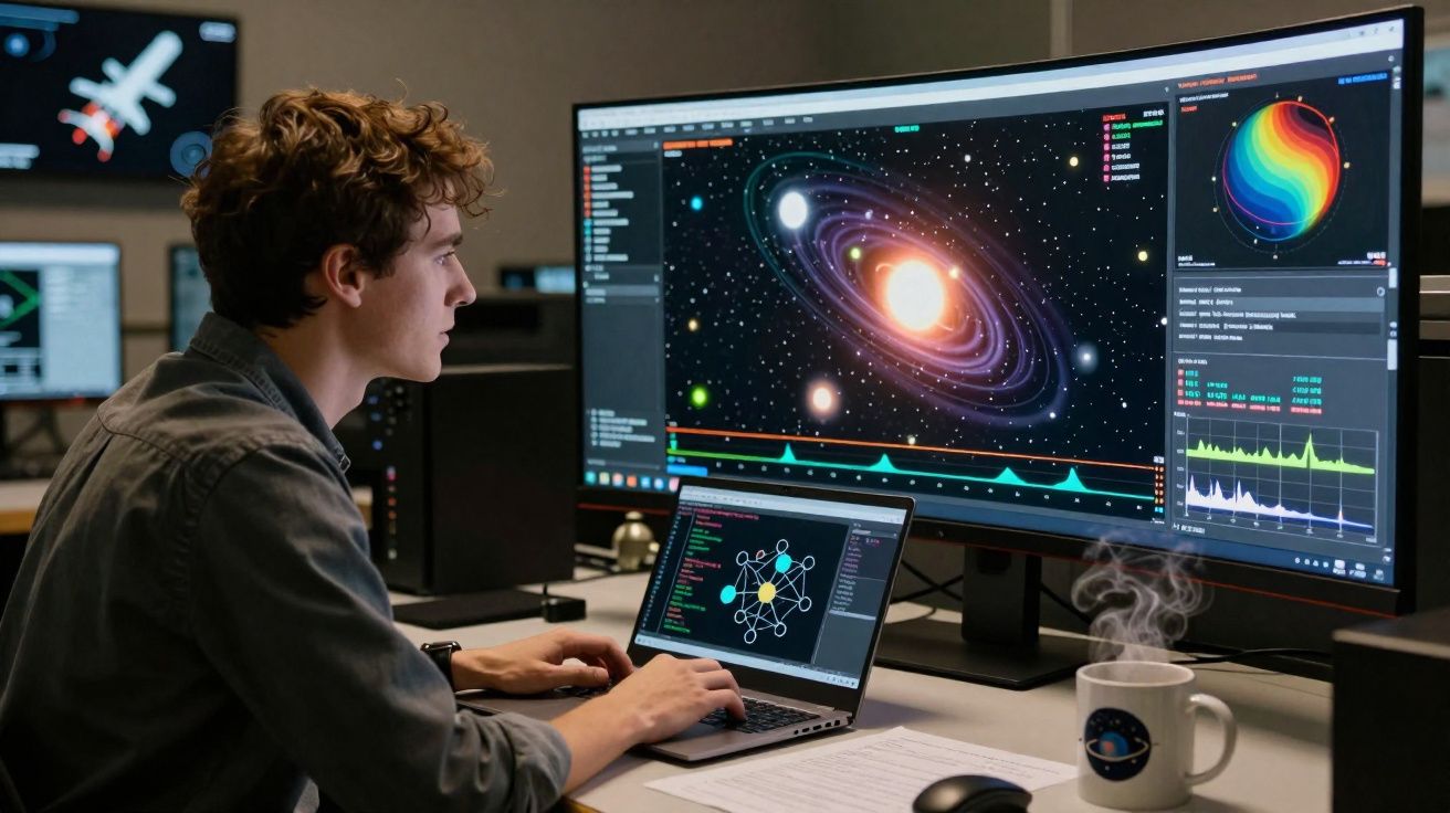 Jovem a analisar simulações de galáxias num ecrã grande enquanto programa num portátil.