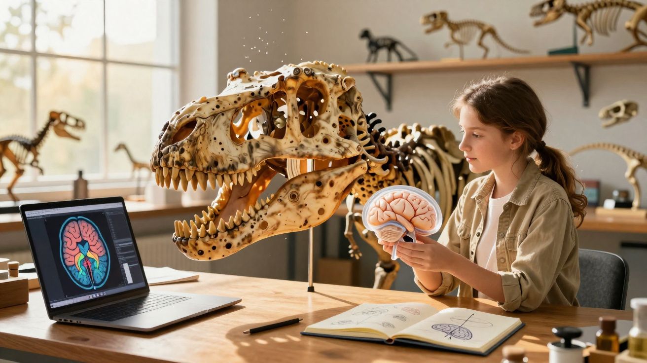 Jovem estuda cérebro plástico junto a crânio de dinossauro e laptop com imagem cerebral numa mesa de madeira num museu.