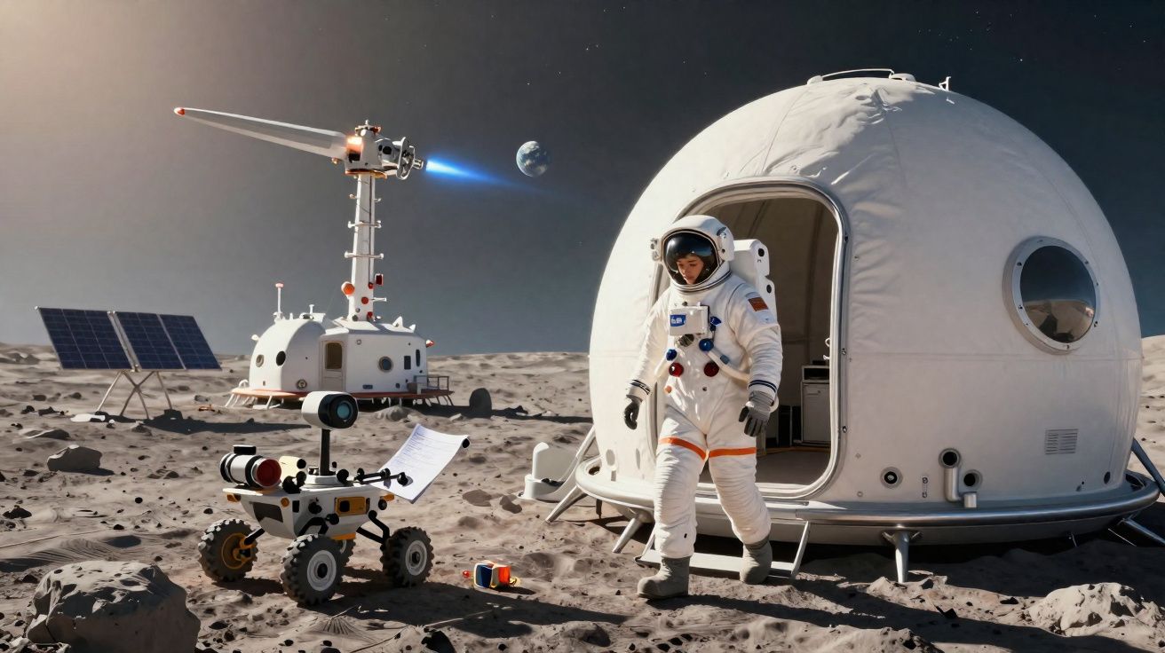 Astronauta na superfície lunar perto de módulo habitável e rover com a Terra visível no céu.