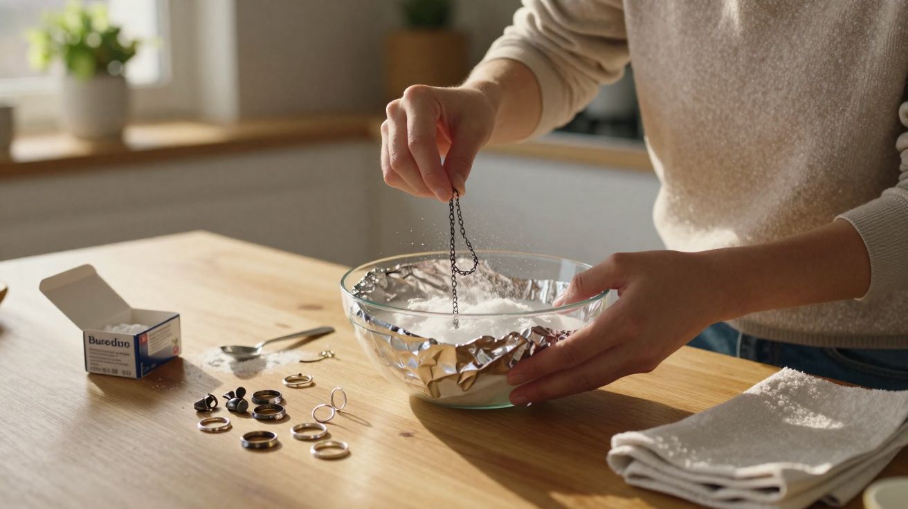 Pessoa a limpar ou polir joias com pasta e pano numa cozinha com luz natural.