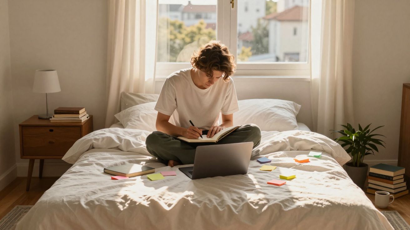 Jovem sentado na cama escreve num caderno rodeado de post-its e laptop, com luz natural a entrar pela janela.
