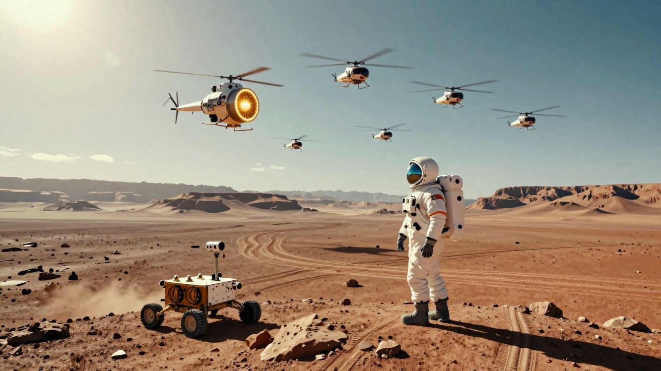 Astronauta e rover em superfície árida com seis helicópteros a voar ao fundo, sob céu limpo.