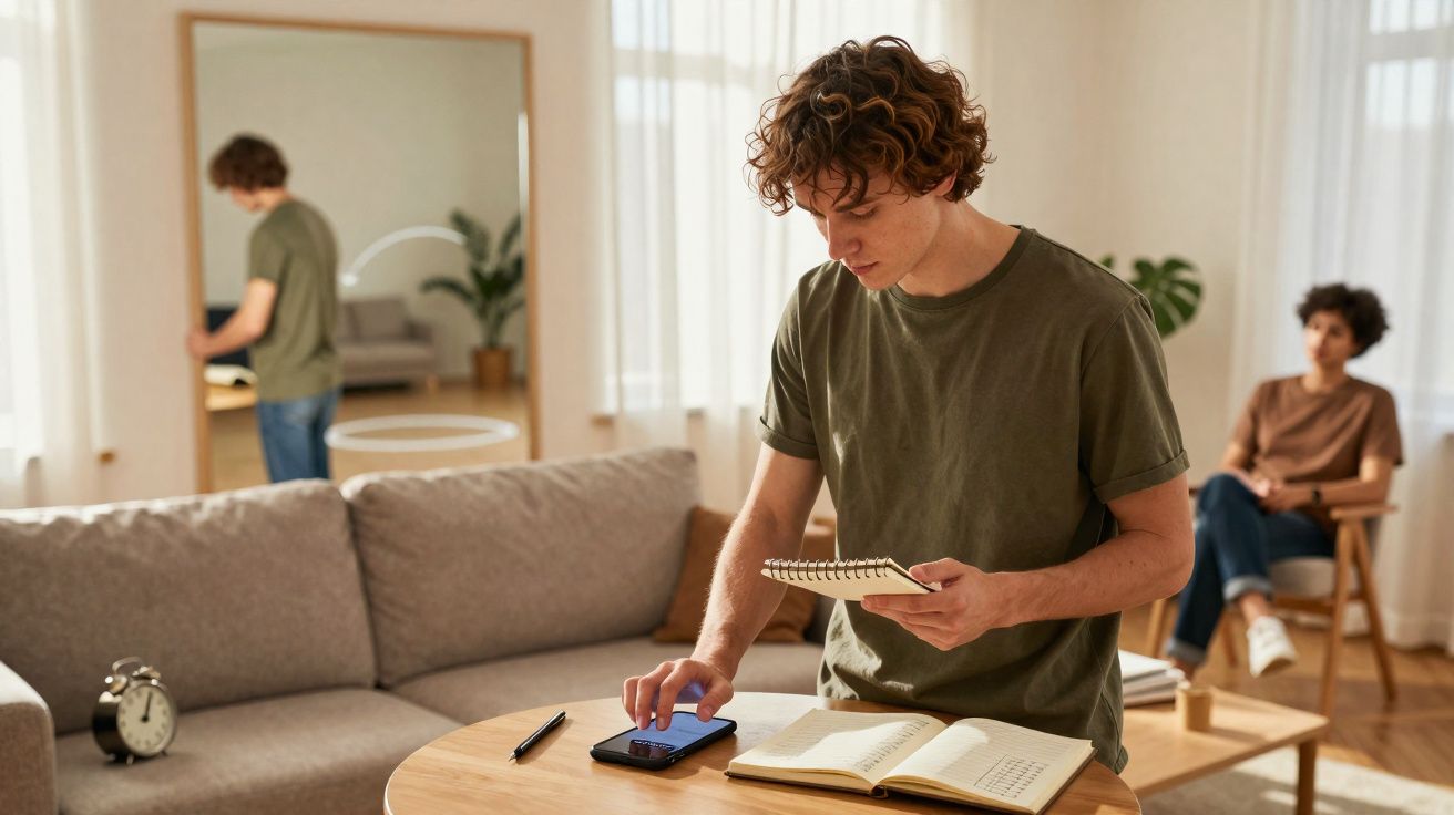 Jovem a usar telemóvel e a segurar um caderno, com outra pessoa sentada ao fundo numa sala luminosa.
