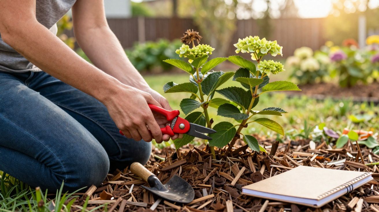 Pessoa a podar planta verde com flores amarelas num jardim ensolarado, com caderno e enxada ao lado.
