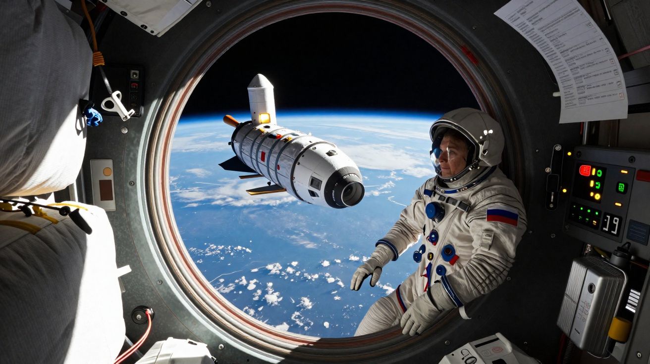 Astronauta russo no espaço observa a Terra através da janela com uma nave espacial ao fundo.