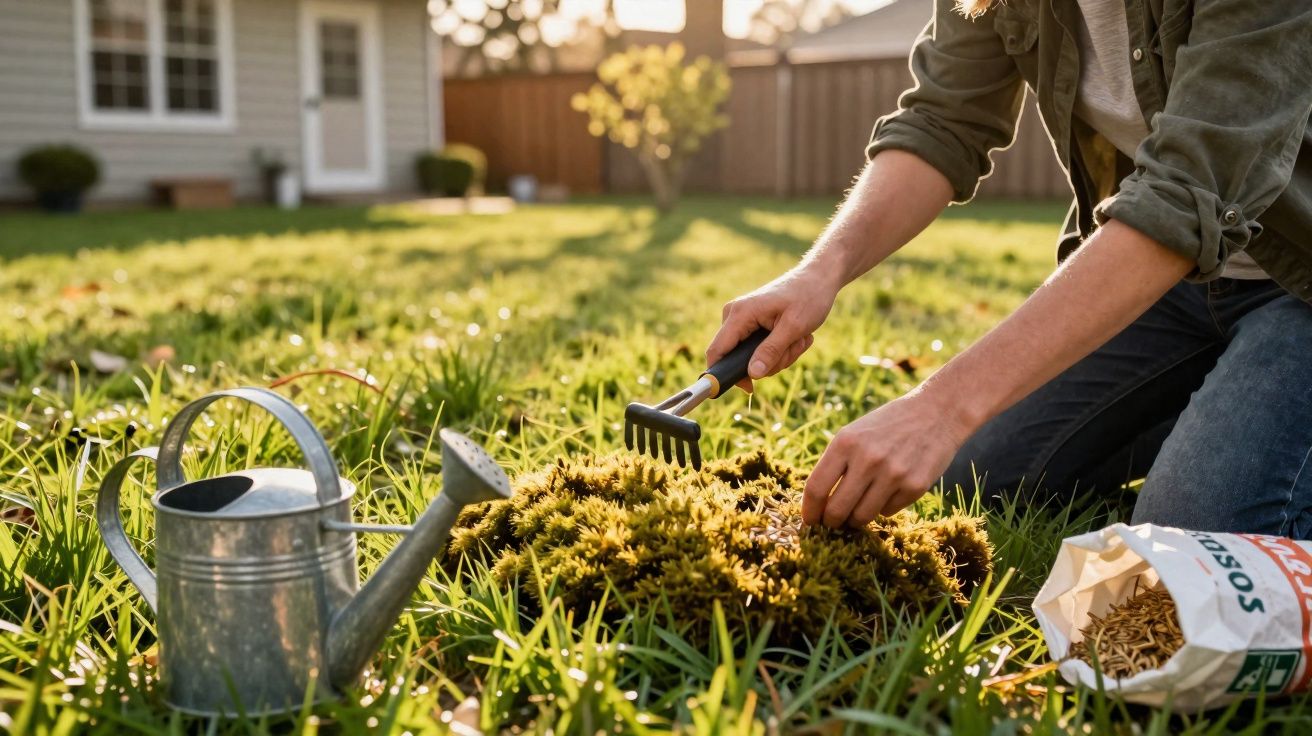 Pessoa a cuidar de plantas num jardim com regador e saco de sementes ao lado, em dia soalheiro.