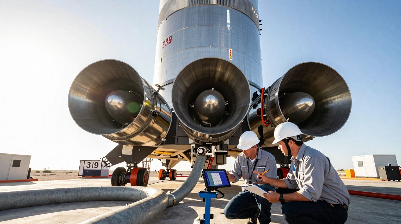 Dois técnicos com capacetes a inspecionar motores de um foguetão no solo, em dia ensolarado no espaço de lançamento.