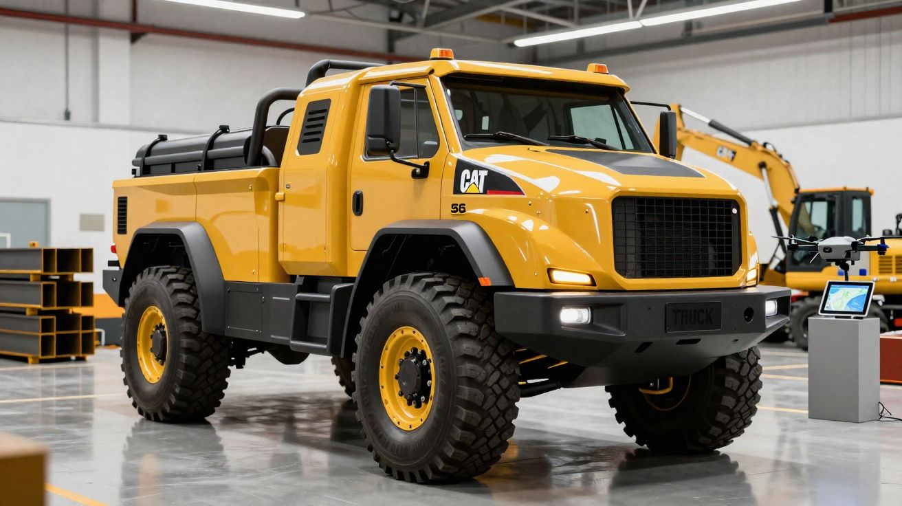 Camião todo-o-terreno amarelo CAT estacionado numa garagem industrial com equipamento pesado ao fundo.