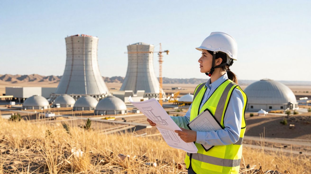 Engenheira de capacete e colete refletor analisa plantas junto a central nuclear em área árida.