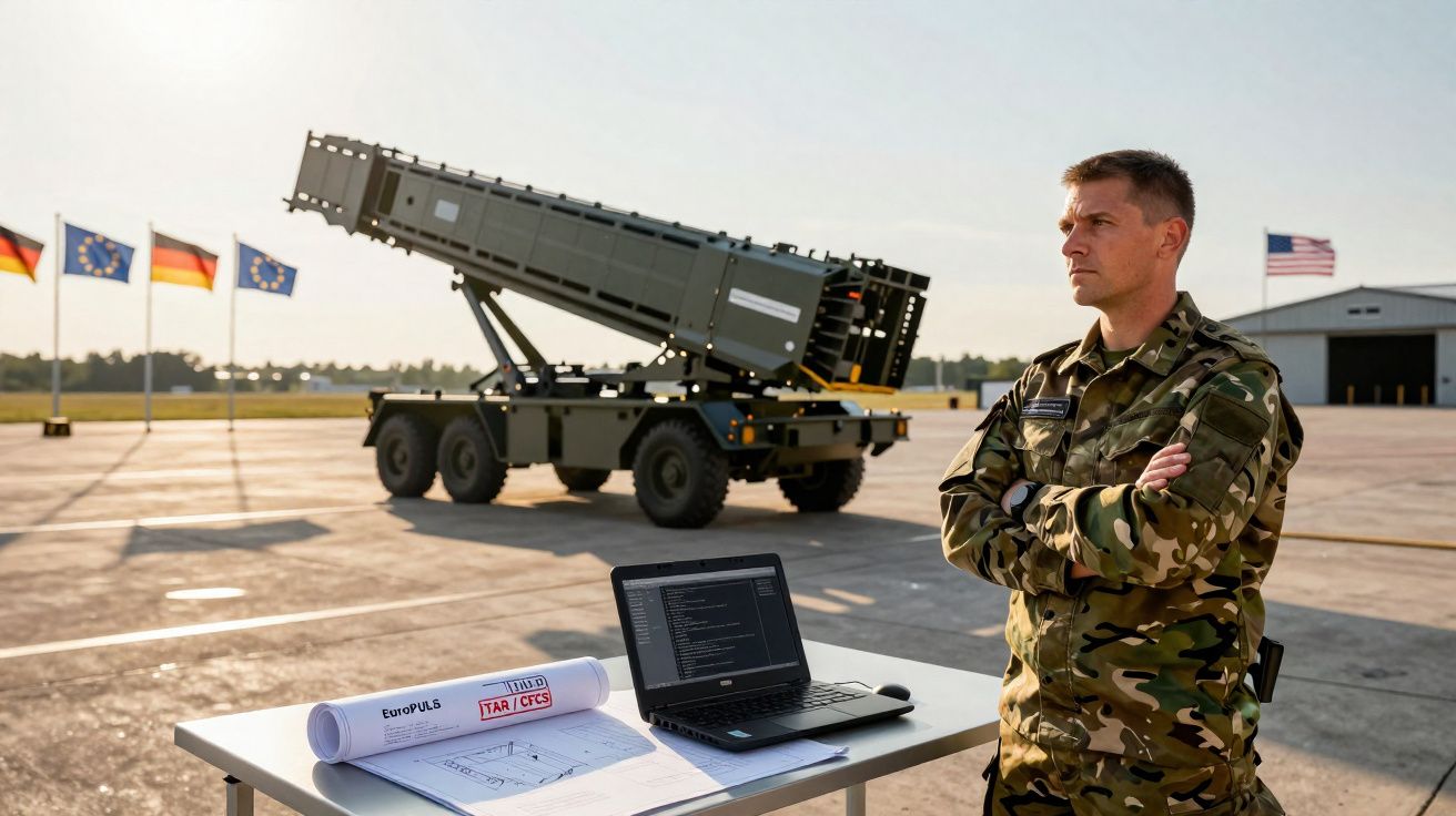 Militar em uniforme camuflado com braços cruzados, junto a equipamento militar e bandeiras ao fundo.