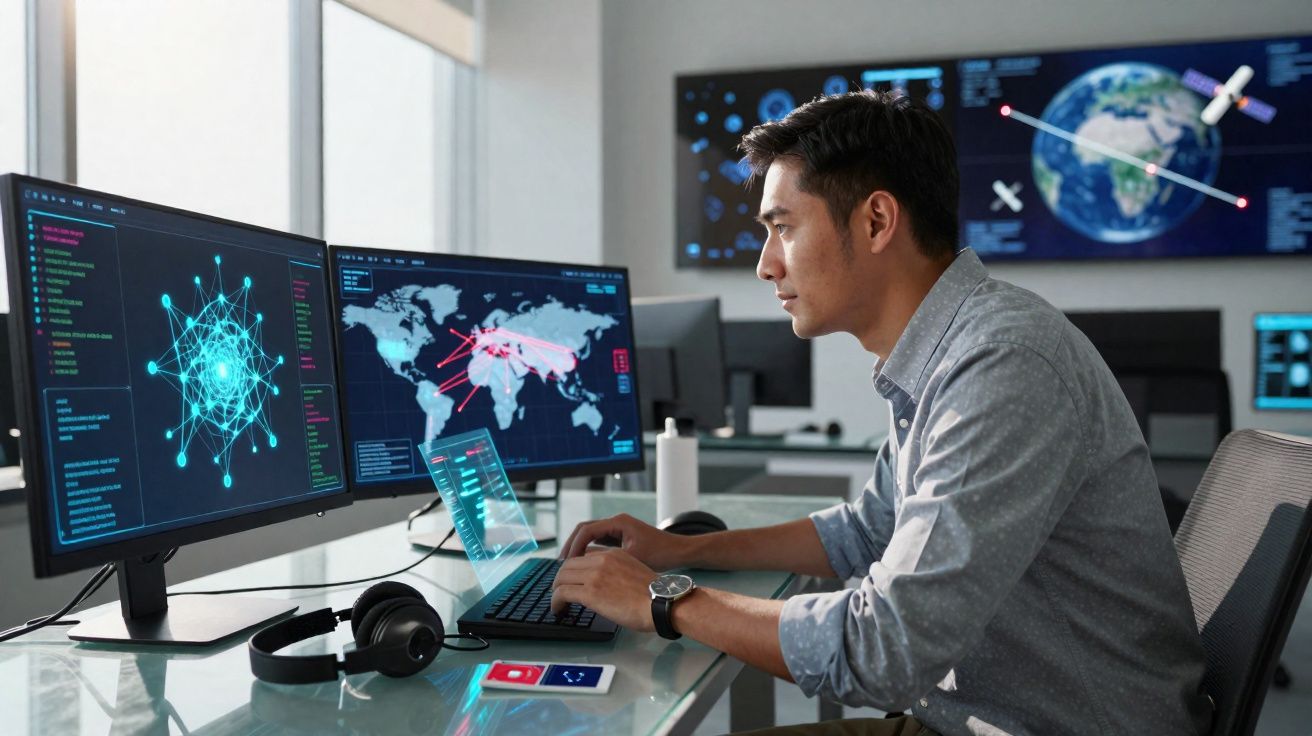 Homem jovem a trabalhar num computador com gráficos de rede e mapas mundiais numa sala de controlo tecnológico.