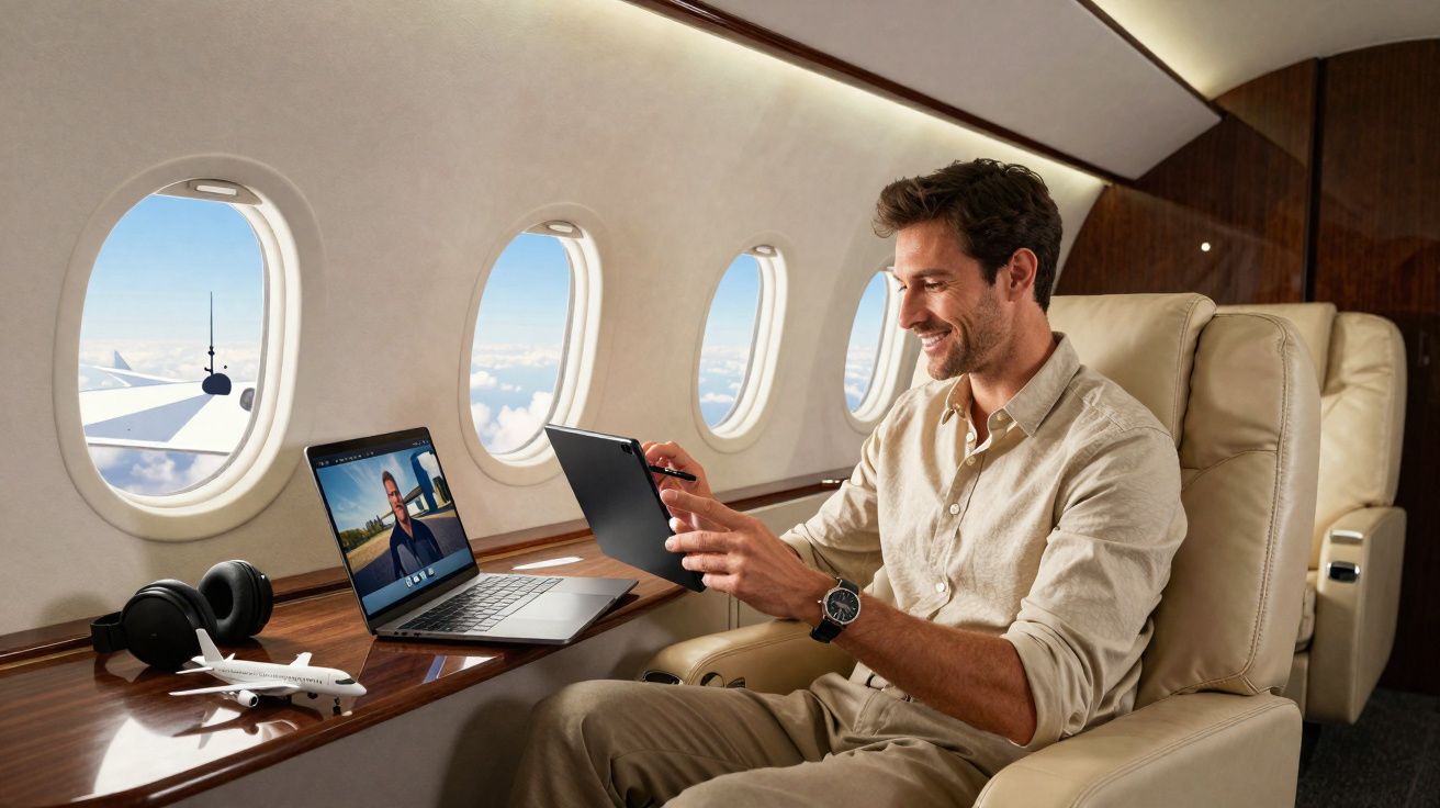 Homem sentado numa poltrona de avião privado a usar tablet e computador portátil ao lado das janelas.