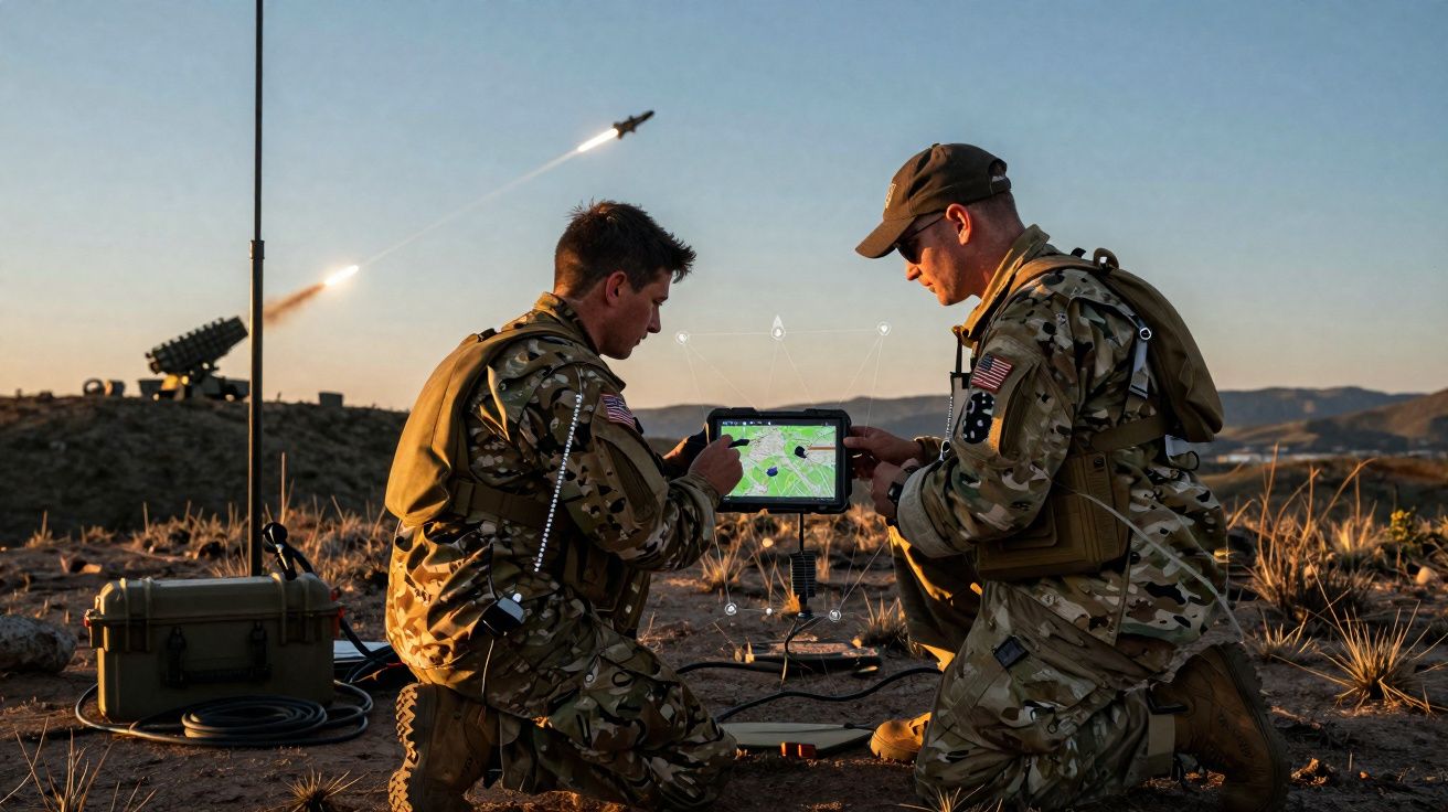 Dois soldados em uniforme tático operam sistema de mísseis em ambiente desértico ao pôr do sol.