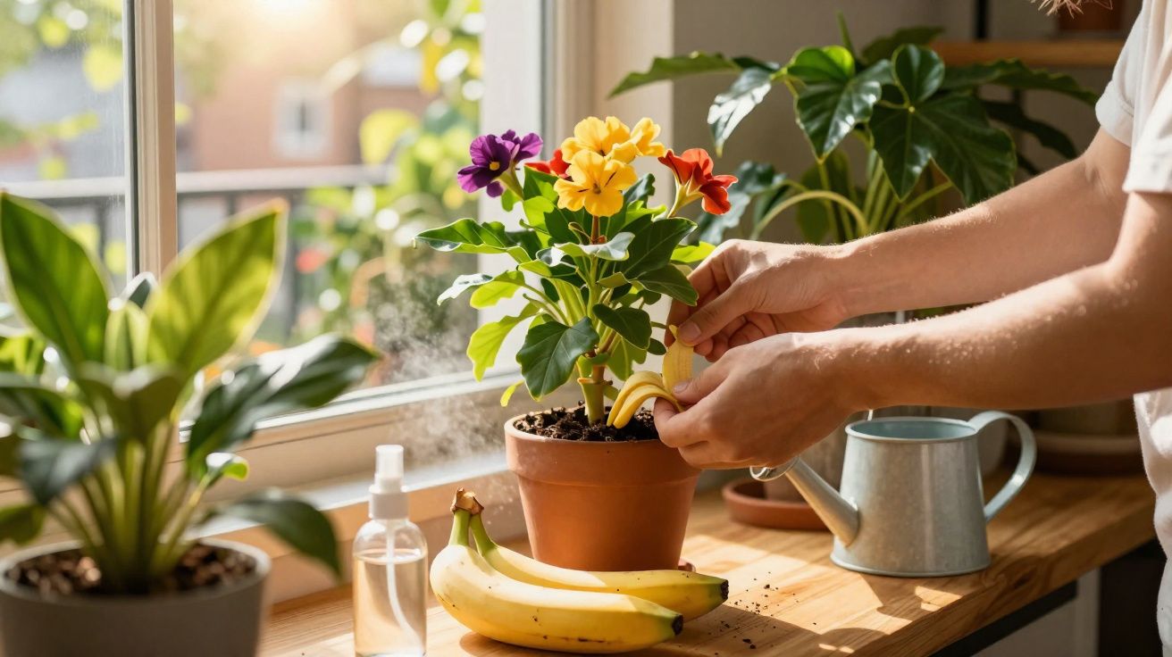 Mãos a alimentar planta com casca de banana numa janela ensolarada com outras plantas à volta.