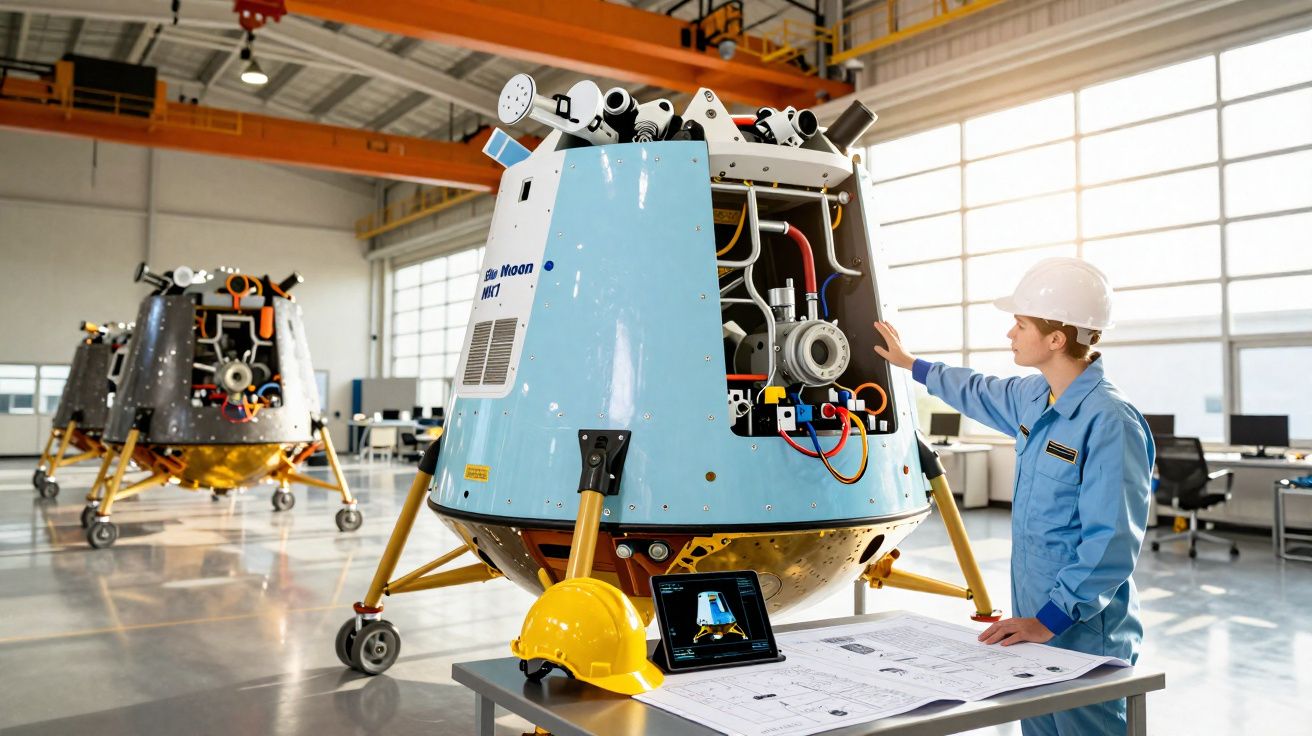 Engenheira com capacete branco inspeciona módulo lunar azul em sala com mesa, capacete amarelo e planos técnicos.