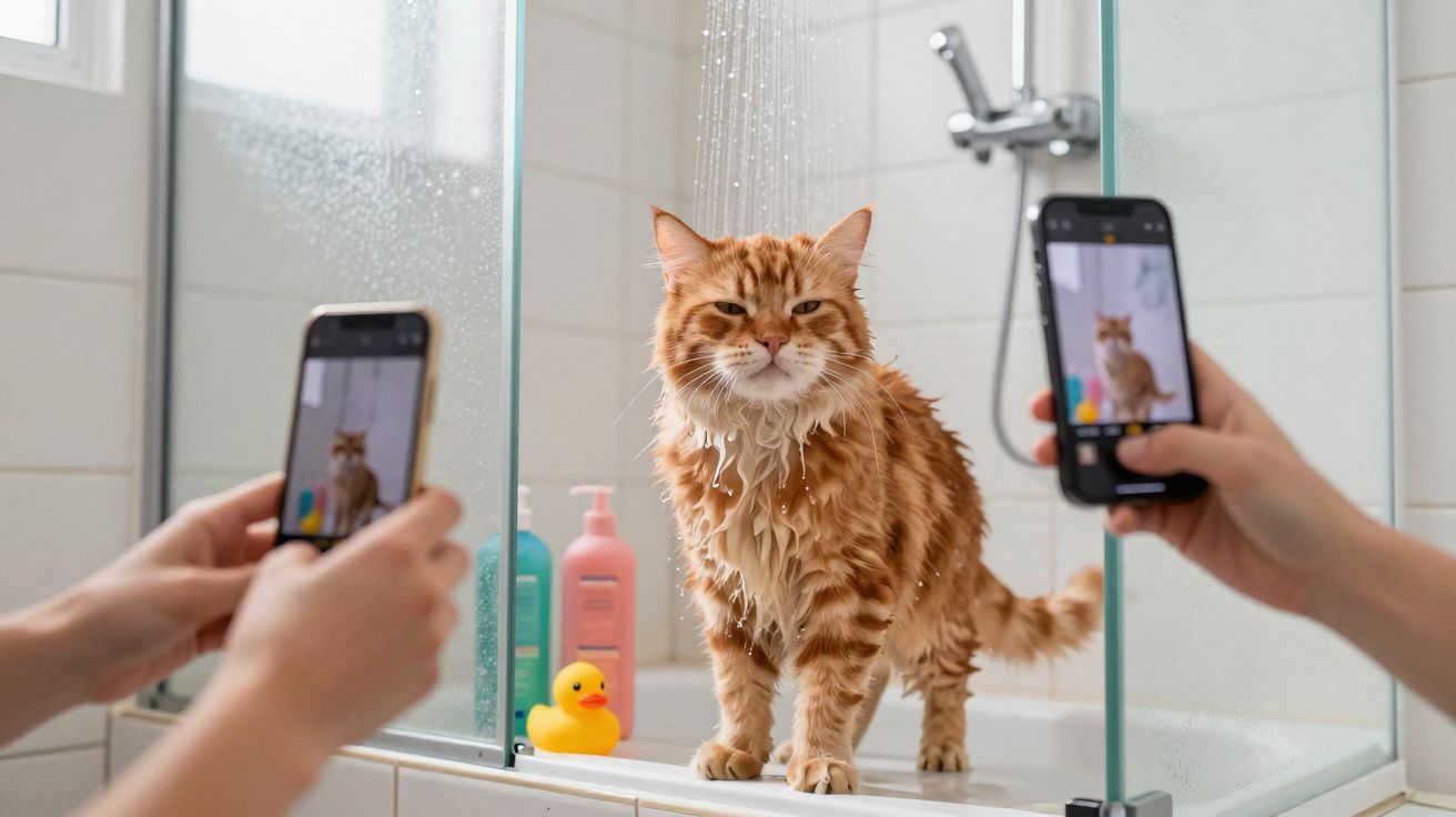 Gato ruivo molhado a ser fotografado durante o banho numa casa de banho moderna com espelho.