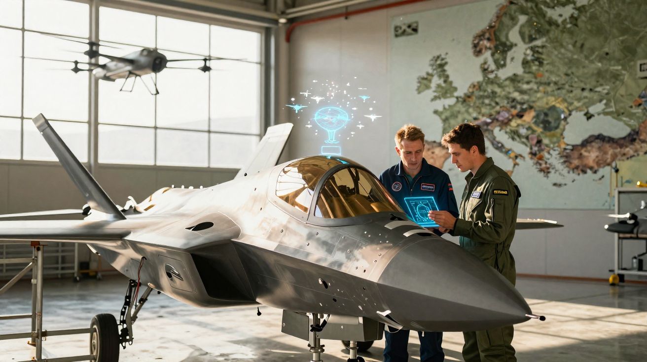 Dois homens em uniforme militar examinam um caça furtivo com gráficas digitais holográficas num hangar.