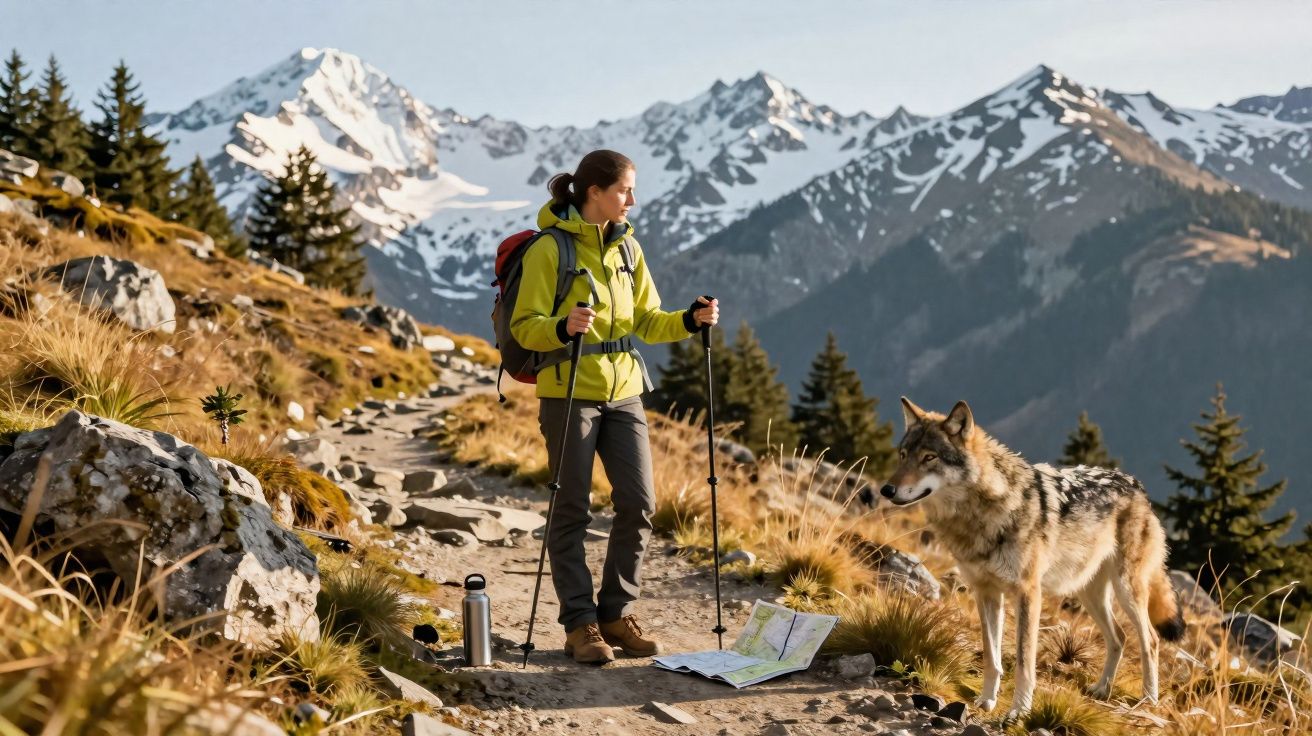 Mulher com mochila e bastões de caminhada no trilho montanhoso olha para lobo junto a mapa no chão.
