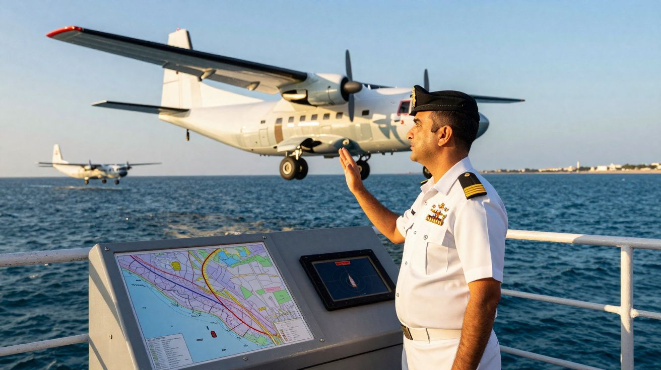 Oficial naval em uniforme branco sinaliza para avião de transporte militar a sobrevoar o mar ao pôr do sol.